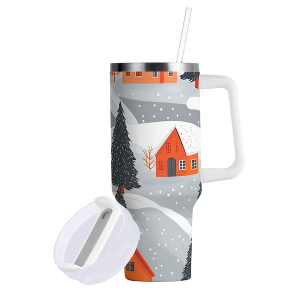 Yayeee 40oz Stainless Steel Tumbler with Straw and Handle Double-Wall Insulated Travel Water Bottle, Gray Snow Houses