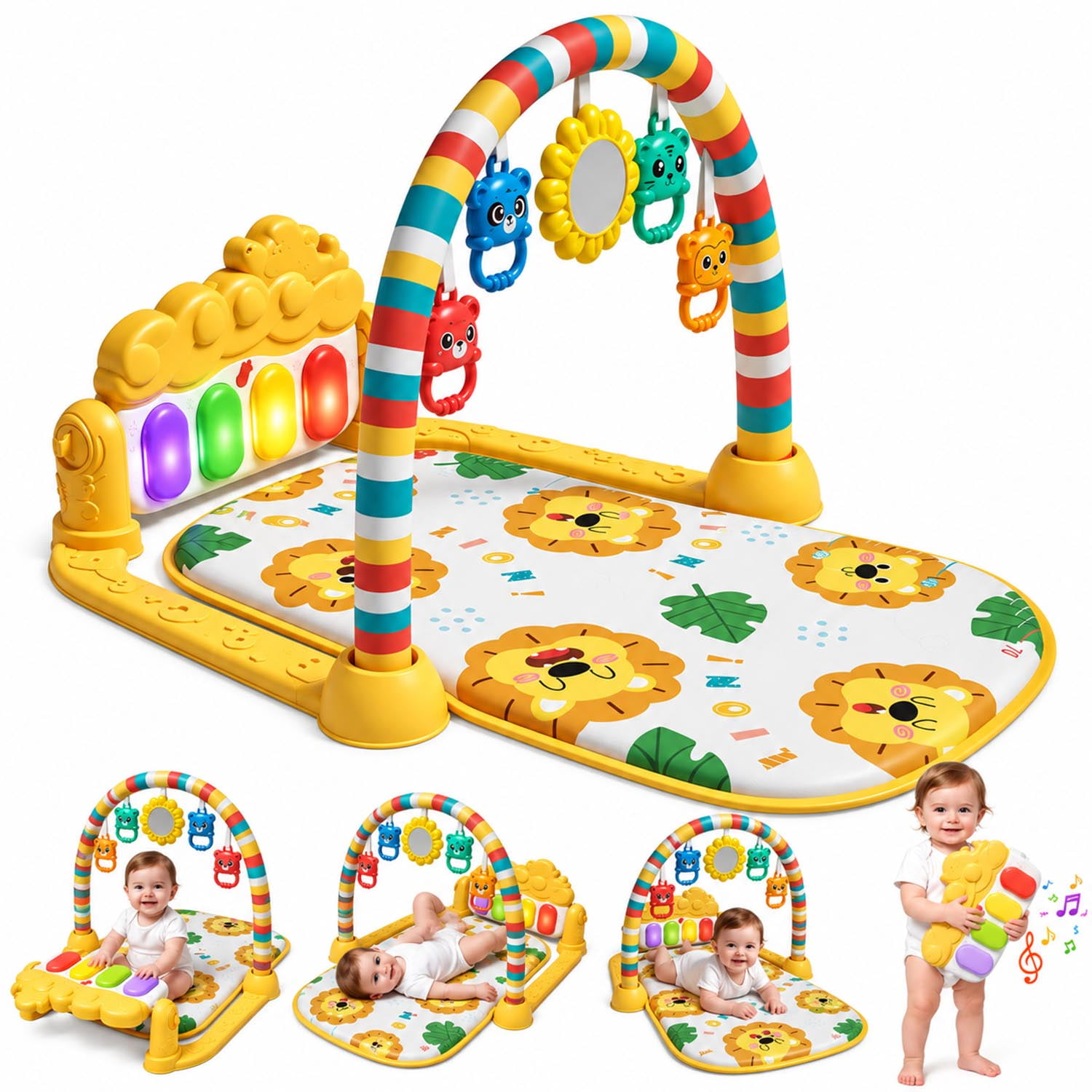 WondertStone Baby Gym Play Mat, Tummy Time Mat with Music & Light, Play Piano Activity Mat for Floor, Newborn Toys for 0-12 Months, Yellow