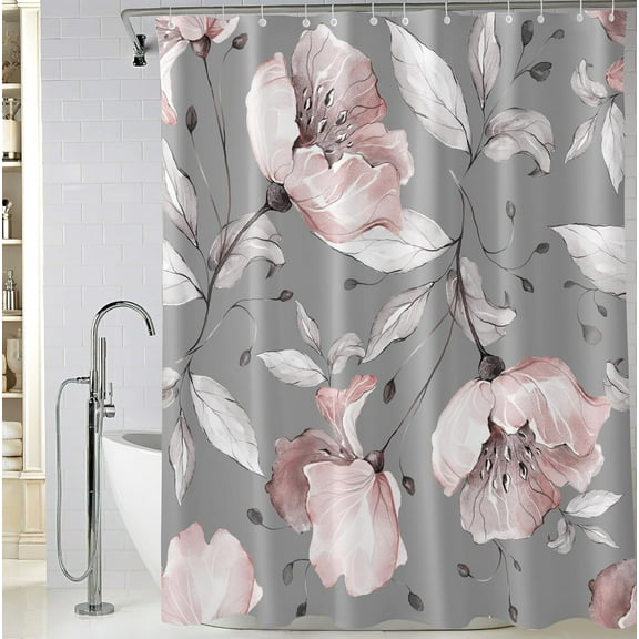 Pink Flower Shower Curtain 72 x 72 Inch,Floral Botanical Shower Curtain for Bathroom Decor, Wildflower Herb Shower Curtain with 12 Hooks