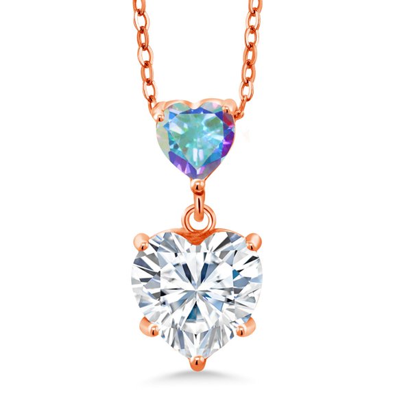 Gem Stone King 18K Rose Gold Plated Silver Mercury Mist Mystic Topaz Pendant with Chain Set with Moissanite (2.36 Cttw)