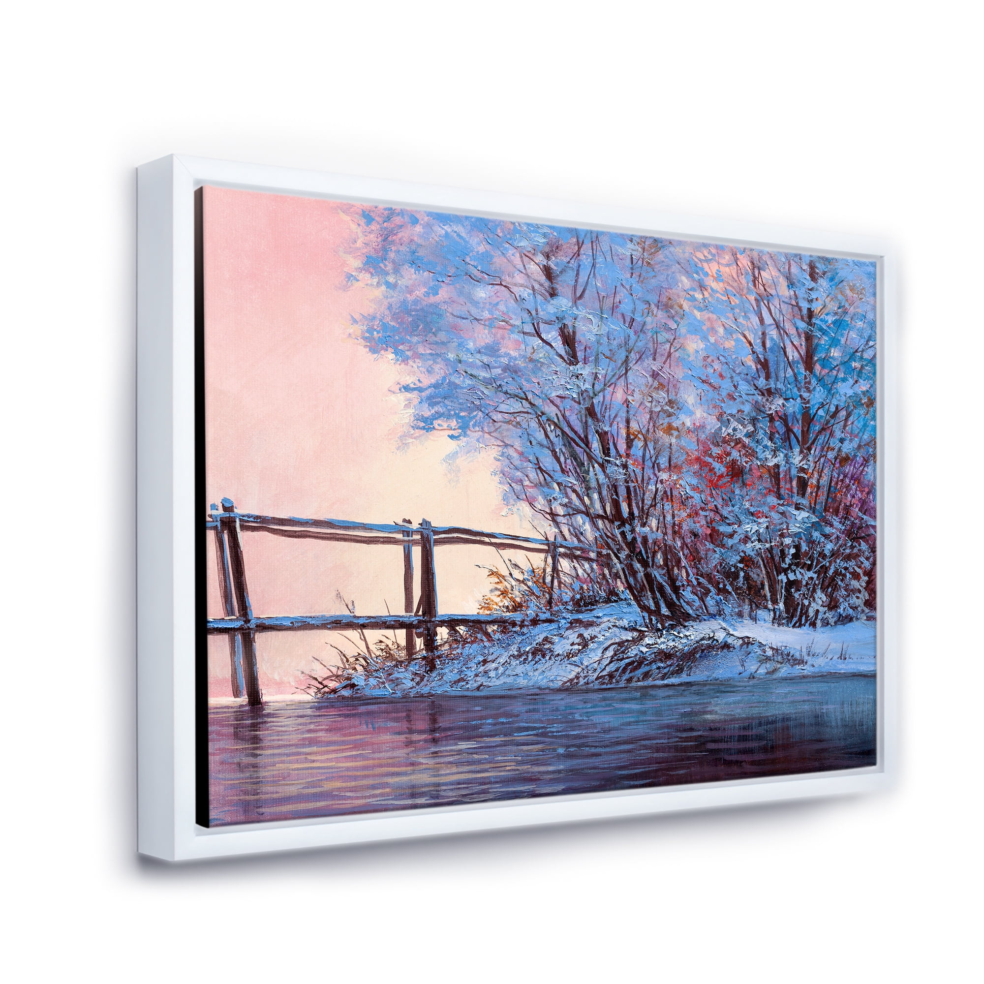 Bridge Of Meandering River With Winter Scenery I 20 in x 12 in Framed Photography Canvas Art Print, by Designart
