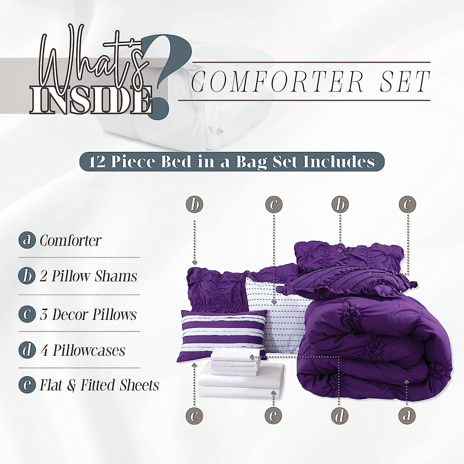 12-Piece Oversized Comforter, Amy Bedding Collection including 6-Piece Sheet Set Featuring Smart Pockets and Matching Decorative Pillows, King/California King, Purple