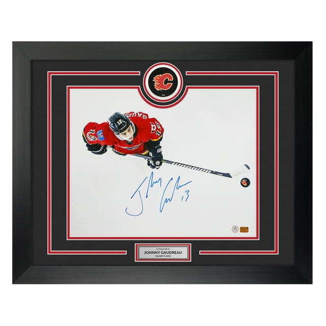 Johnny Gaudreau Signed Calgary Hockey Puck Logo 26x32 Frame