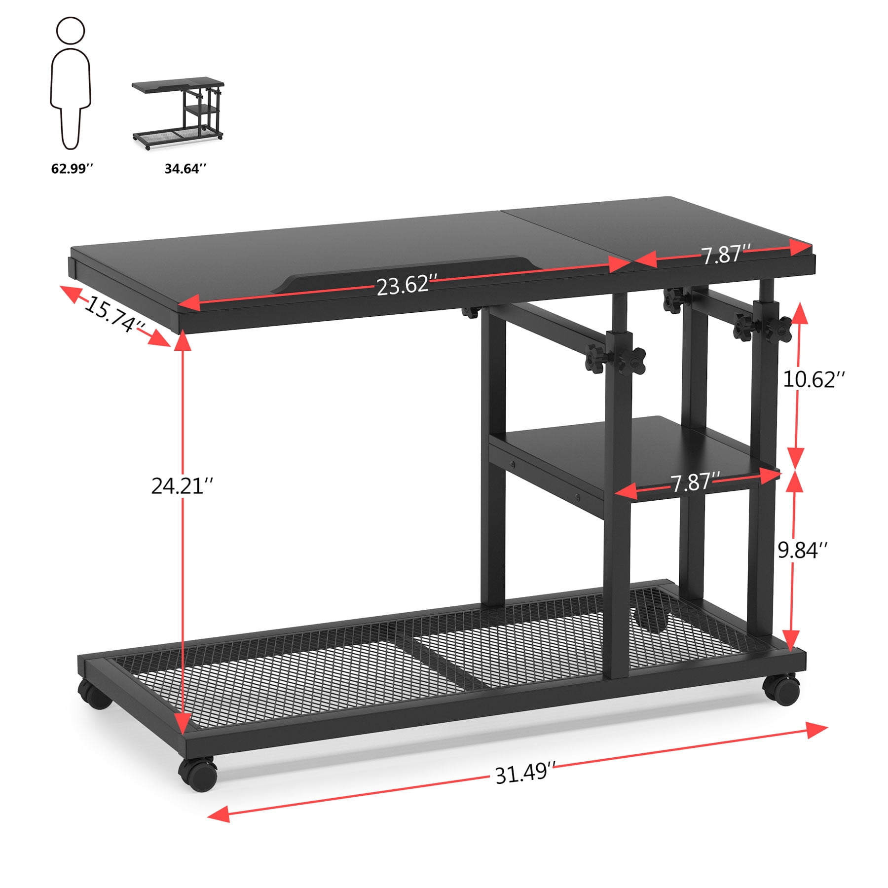 Fnova Mobile Side Table with Wheels, Snack Tray, Height-Adjustable C-Shape Desk, Tiltable Drawing Board, Laptop Stand, Storage Shelves for Living Room, Bedside Table for Couch