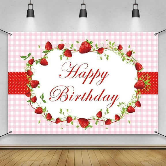 7x5FT Polyester Strawberry Theme Happy Birthday Backdrop Red Strawberry Birthday Party Decorations Banner for Girls Birthday Party Supplies Strawberry Theme Party Decorations