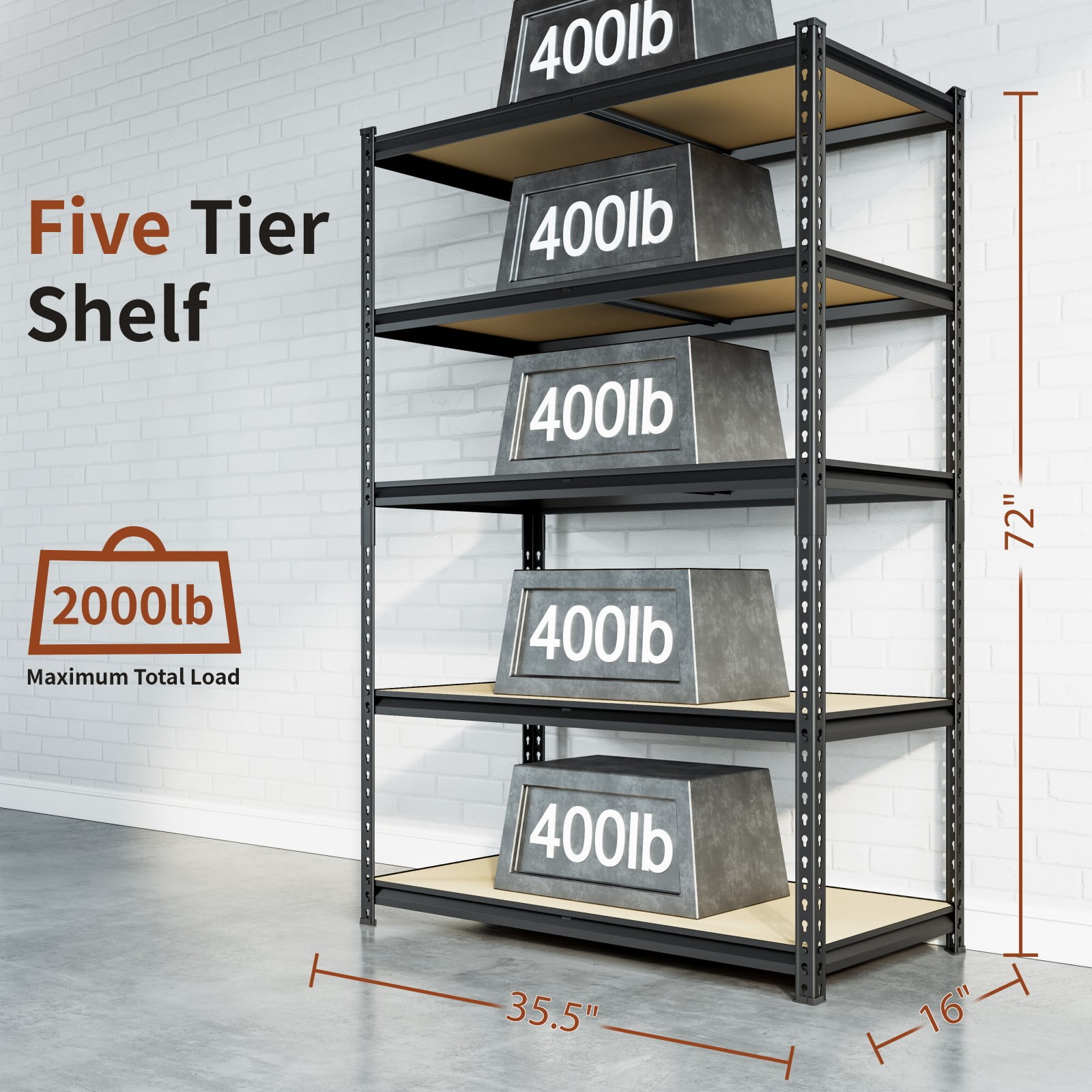 RoomFave Heavy Duty Garage Shelving Unit, 2000LBS Capacity, 5-Tier Adjustable Metal Storage Rack for Basement, Warehouse, Utility Room, 35.5"W x 16"D x 72"H