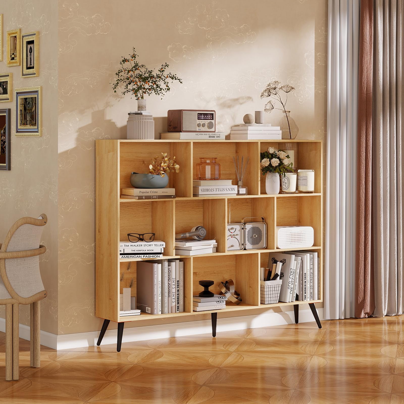 Danolapsi Wooden 3-Tier Open Shelf Bookcase,10 Cubes Bookshelf,3-Tier Floor Standing Display Cabinet Rack,Freestanding Book Shelf Storage Organizer with 5 Iron Legs for Home Office,Living Room