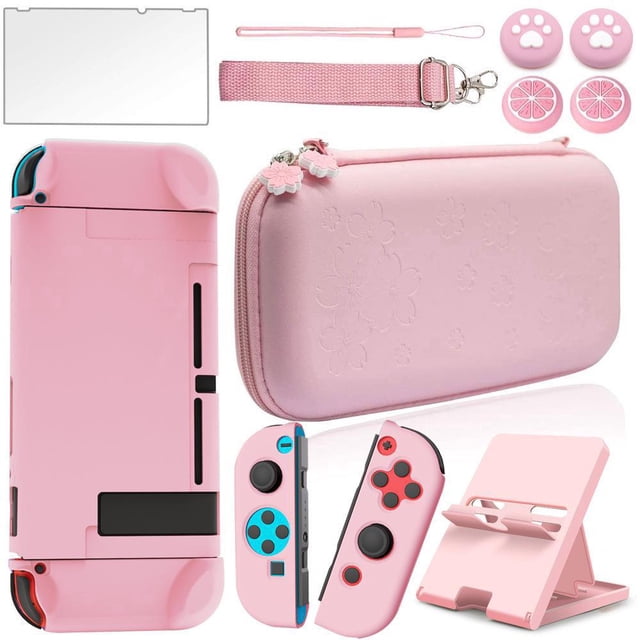 Estuche de transporte rosa para paquete de accesorios de Nintendo con cubierta protectora rígida, protector de pantalla de vidrio, soporte ajustable y tapas de agarre para el pulgar
