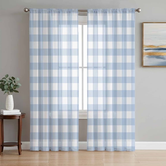 Light Blue Plaid Sheer Curtains 96 Inch Length 2 Panels Set, Modern Minimalist Country Voile Window Treatment Semi Sheer Long Curtains Drapes for Bedroom/Living Room/Kitchen 52"x96"x2