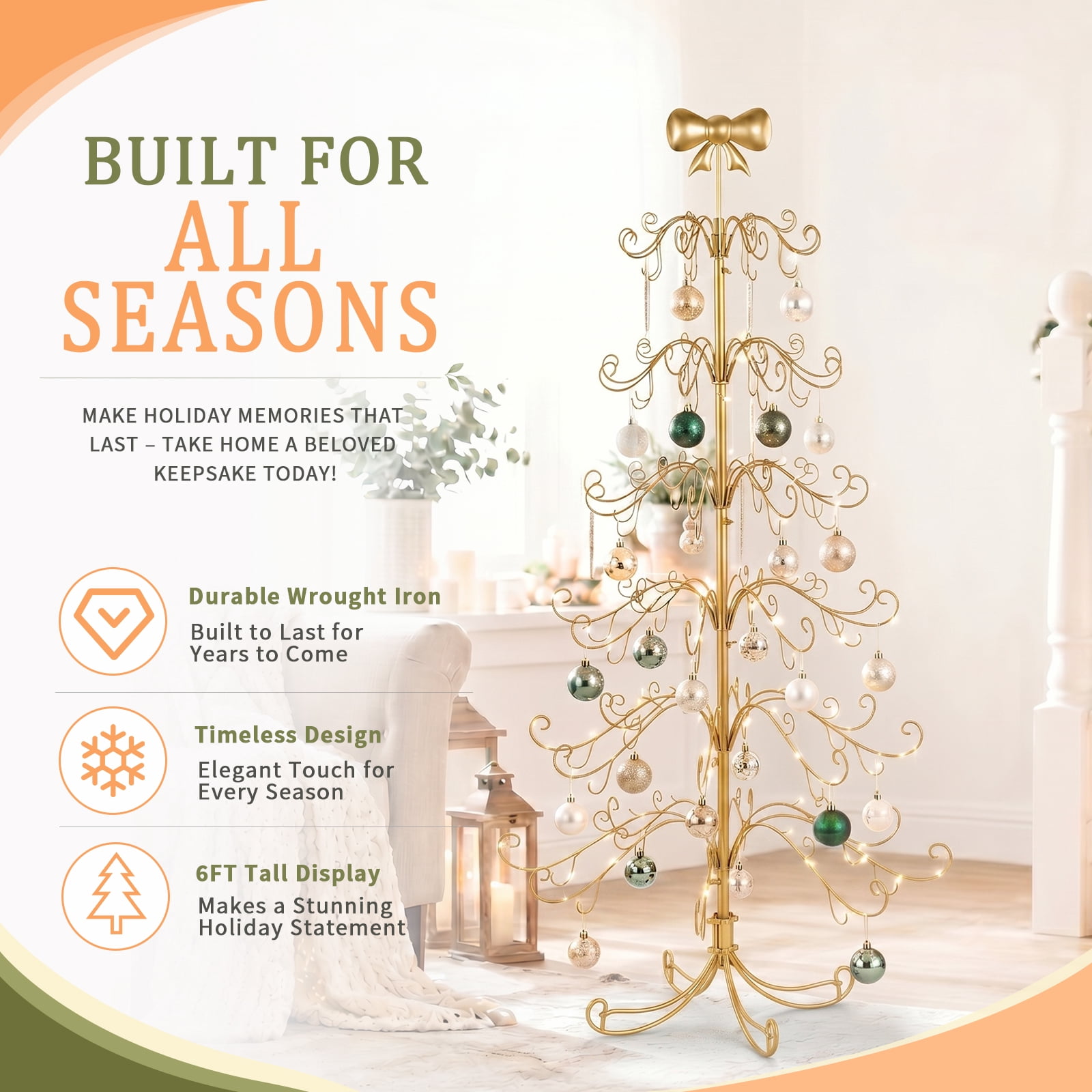 6ft Gold Iron Christmas Tree with Bow on Top, PVC Christmas Tree (No Accessories Included)
