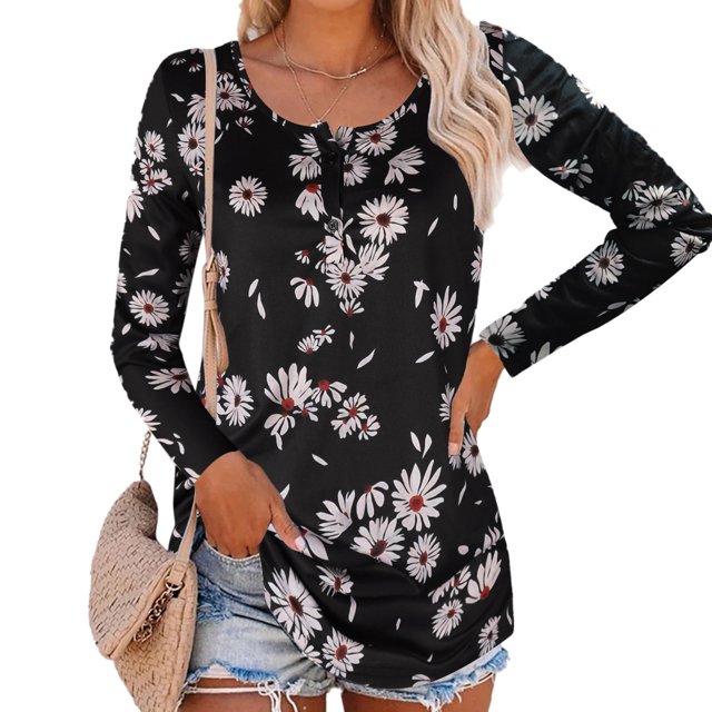 Loose Fit Blusa Cuello Redondo Manga Larga Imprimir Mujeres Casual Top Botón Mujeres Casual Top Negro XXL
