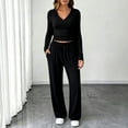 thumbnail image 2 of Women's Matching Set V-Neck Pleated Long Sleeve Lounge Sets for Women Tops and Wide Leg Pants 01 L, 2 of 3