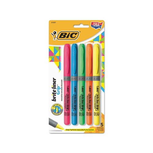 Brite Liner Grip Pocket Highlighter Chisel Tip, Assorted Colors, 5/Set