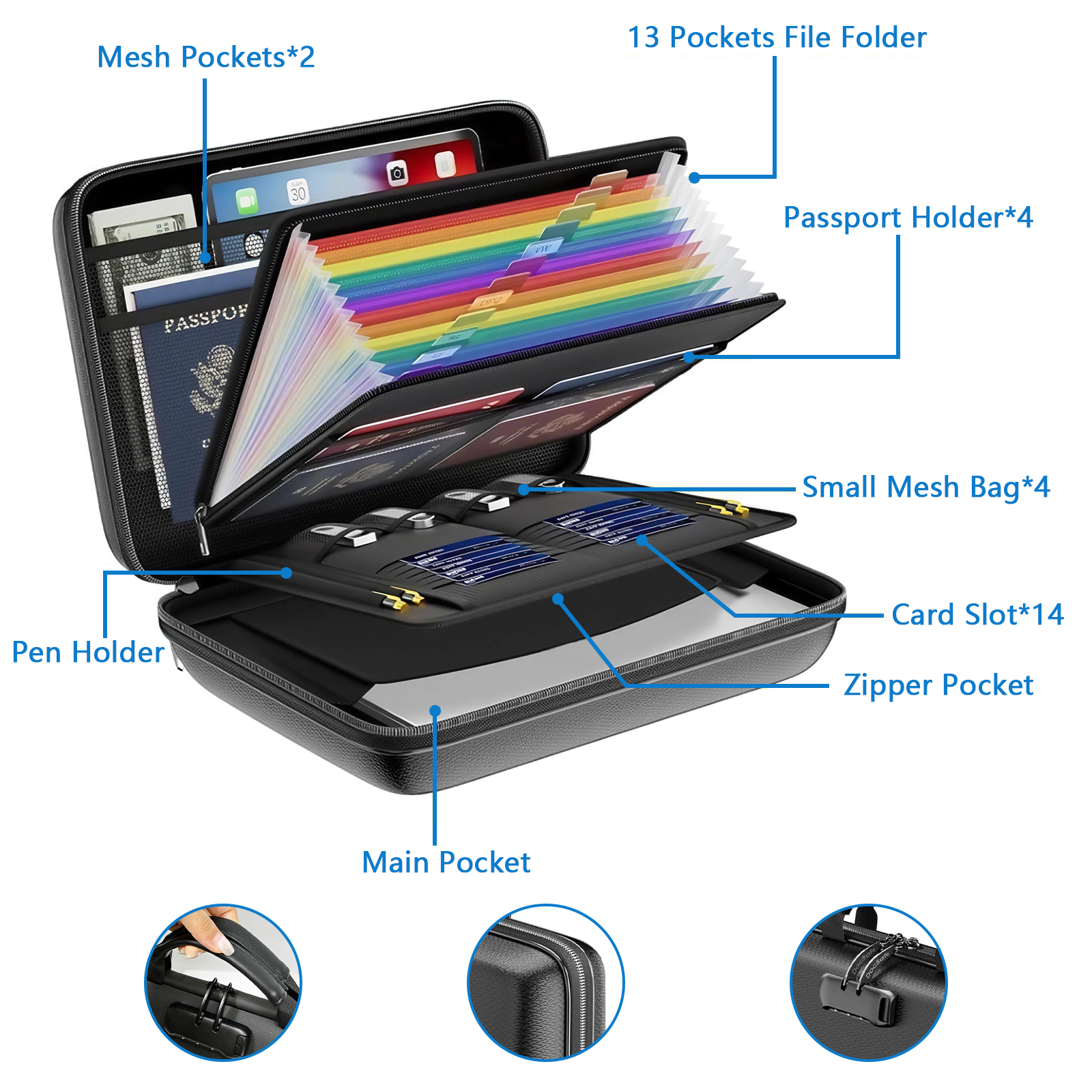 Gijjgole Fireproof Document Box with Lock, Hard-Shell Case Fireproof Box with 13 Pockets Accordion File Folder, Important Document Organizer for Letter A4 Files Laptop Passports