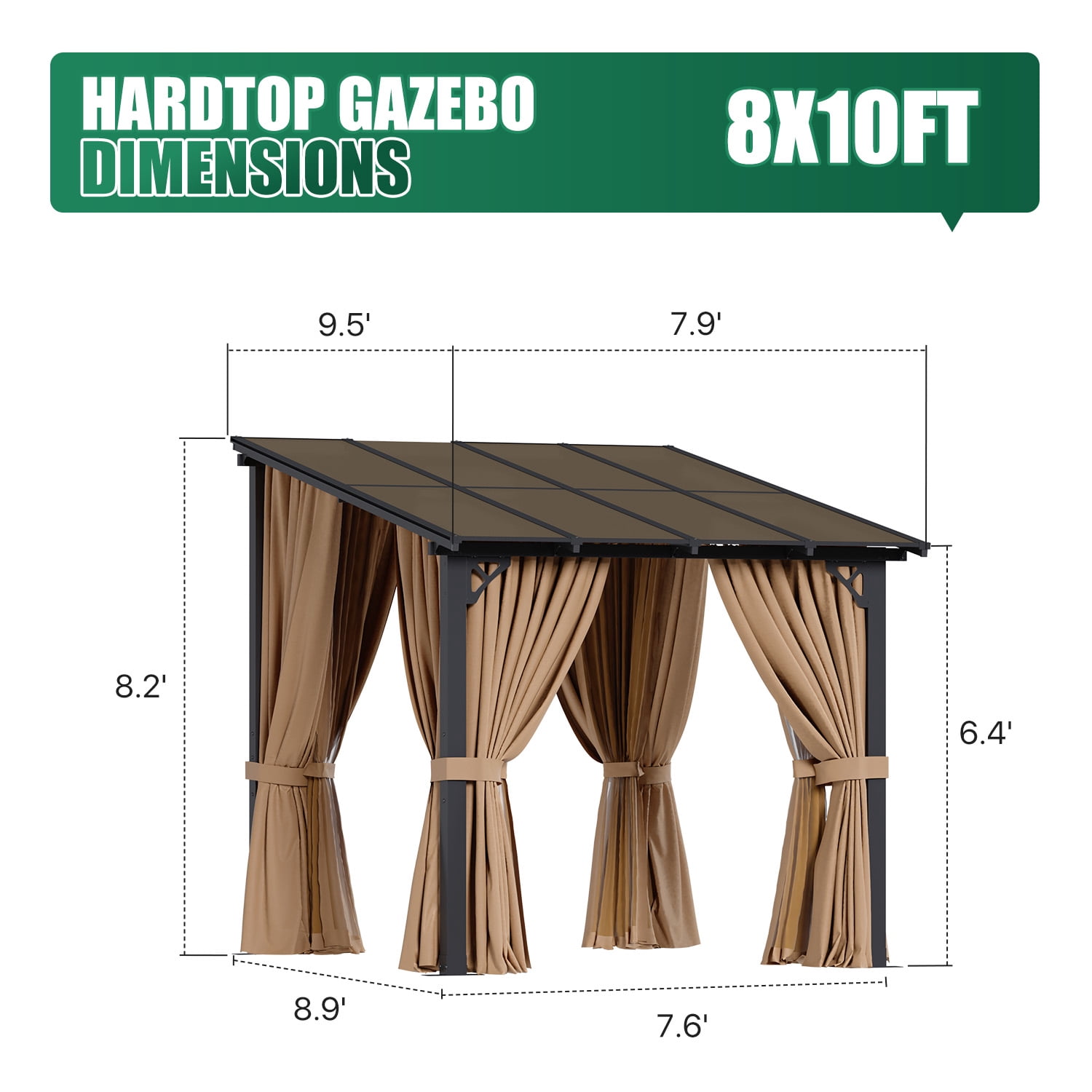 LazySunsets 8x10 FT Wall-Mounted Aluminum Gazebo Polycarbonate Roof with Full Mosquito Netting & Privacy Curtains