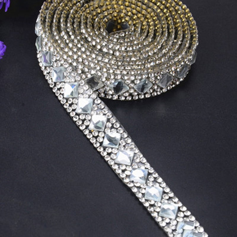 3.3FT Silver Rhinestone Ribbon Beaded Iron On Applique Trim Bridal Embellishment 