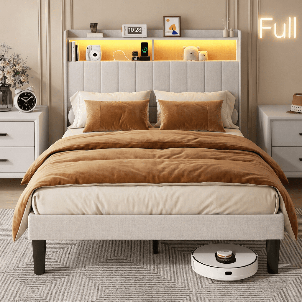 Upholstered Full Size Platform Bed Frame with LED Lights, Charging Station & 2-Tier Storage Headboard, Wooden Slats Support No Box Spring Required Quiet Design Beige
