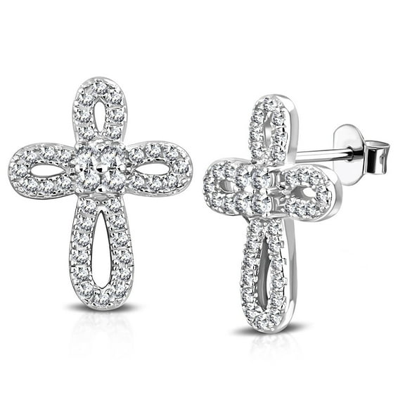 925 Sterling Silver White Clear CZ Religious Cross Stud Earrings, 0.60"