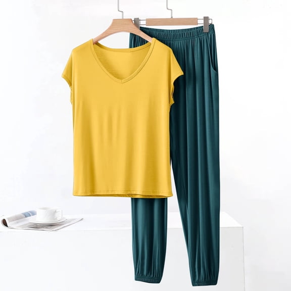 Juslio Women Pajamas Solid Fashion Casual Modal V-Neck Tops and Pants Homewear 2 Piece Matching Pajamas Sets L