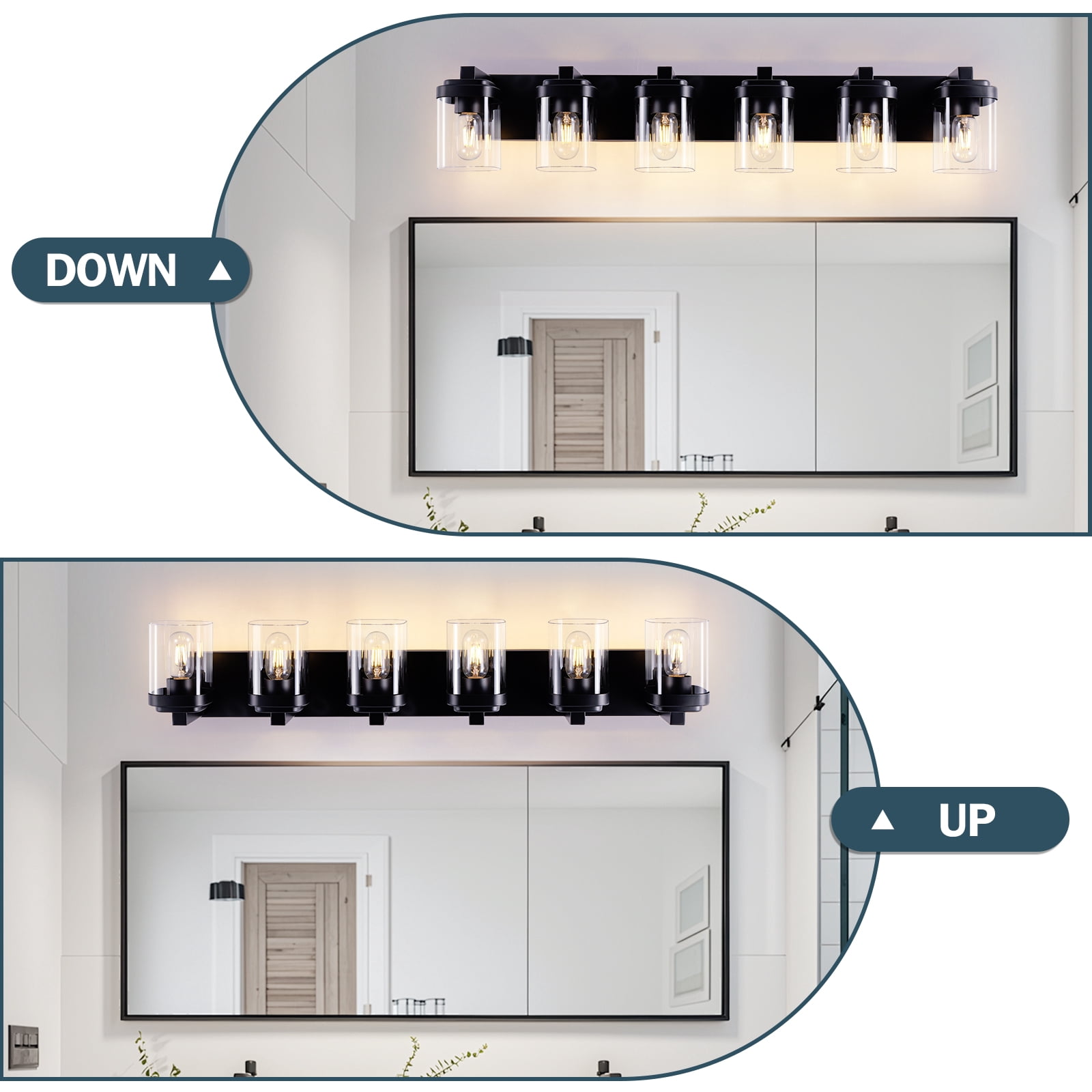 6 Light Bathroom Vanity Light, Matte Black Bathroom Light Fixtures with Clear Glass Shade, Vanity Light Fixtures Over Mirror for Bedroom Living Room(NO BULBS)