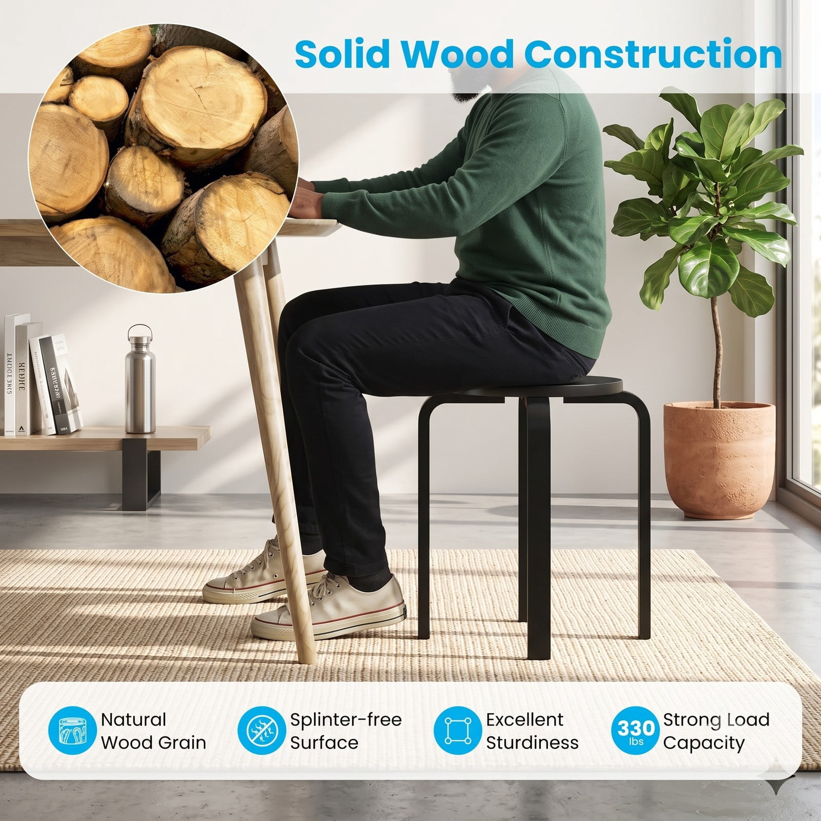 Furnibear Set of 4 Stackable Bentwood Dining Chairs, 18 Inch Round Top Solid Wood Kitchen Side Chairs, Space-Saving Backless Stackable Seats for Home Office, Black
