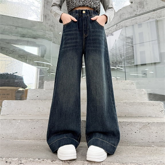 GiLiling Girls Casual Baggy Jeans High Waist Wide Leg Cargo Denim Pants Elastic Waist Y2k Vintage Aesthetic Style (Blue, 15-16 Years)