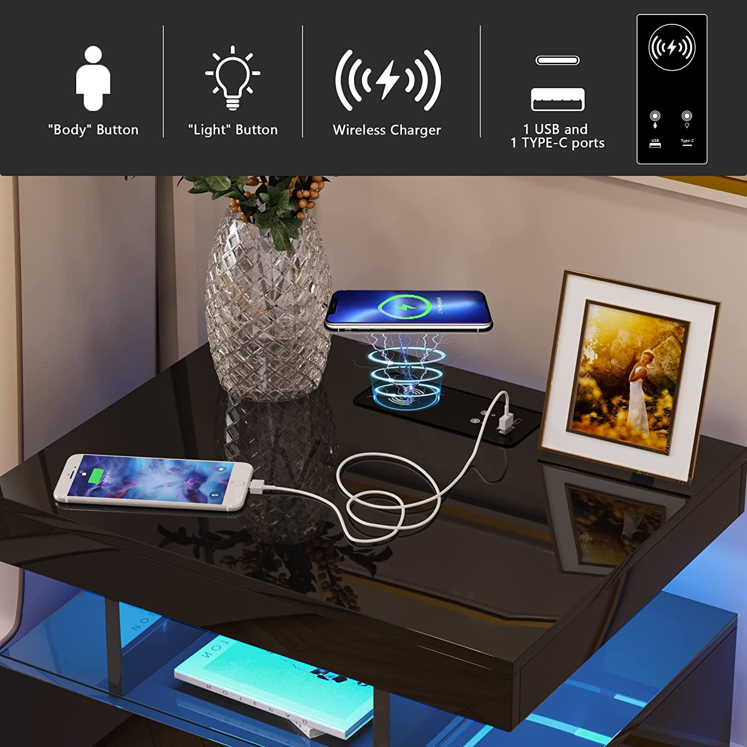 HNEBC LED Nightstand Beside Table with 2 USB Ports & Wireless Charging Station Floating Nightstand with 3 Color & Adjustable Brightness for Bedroom-White