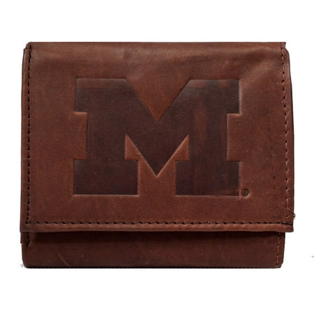 - Michigan Wolverines NCAA Embossed Logo Dark Brown Leather Trifold Wallet