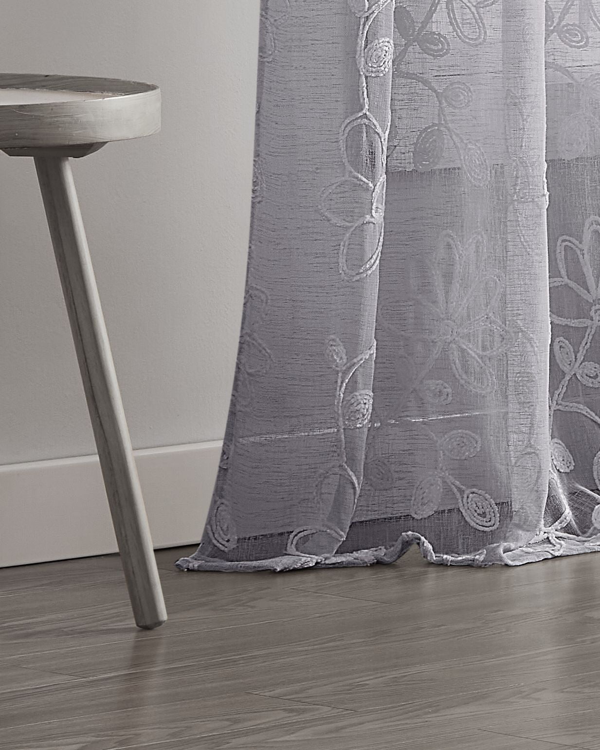 Dainty Home Rita 3D Floral Chenille Embroidered Solid Sheer Linen Look 76" x 96" Window Curtain Panel Pair in Silver