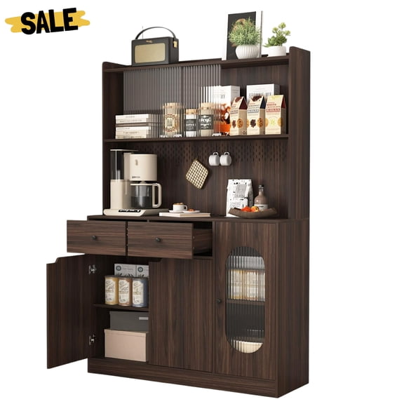 GZXS 71"H Kitchen Pantry Cabinet with Hutch, 2 Drawers, Reeded Glass Doors, Metal Pegboard & Microwave Stand, Freestanding Large Bakers Rack Larder Cupboard for Home Kitchen and Dining Room, Walnut