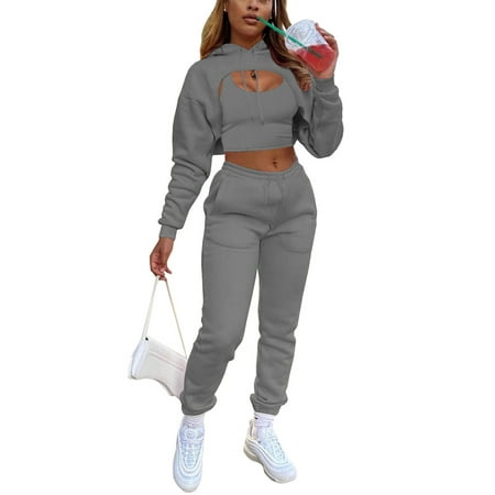 

JYYYBF Womens 3pcs Tracksuit Cutout Drawstring Hoodie+Sport Bra Tank Crop Top+High Waisted Sweatpants Jogger Set Grey M