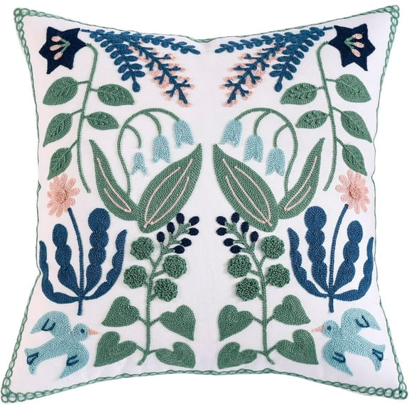 TAOSON Pack of 2,Blue Green Flowers Leaves Embroidered Throw Pillow Cover,Cotton Canvas Cushion Covers, Spring Farmhouse Decor, Valentine's Day Gift Square Farmhouse Floral Pillow Case 20" x20"