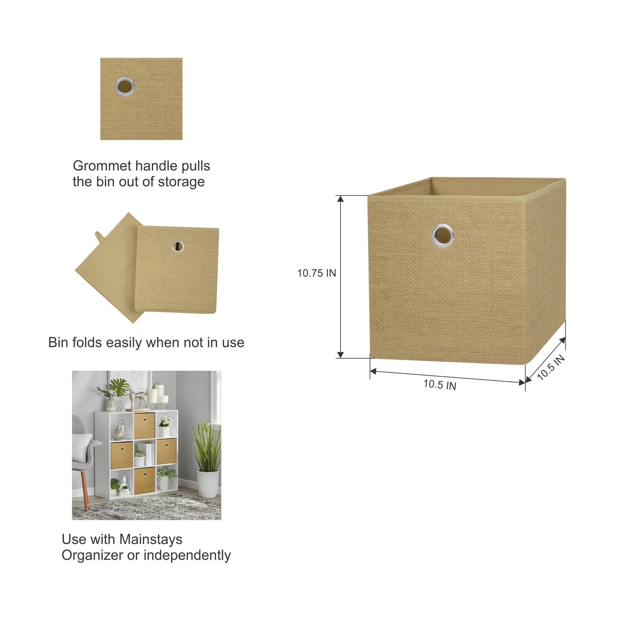 Mainstays Collapsible Fabric Cube Storage Bins (10.5" x 10.5"), Natural Textured, 4 Pack