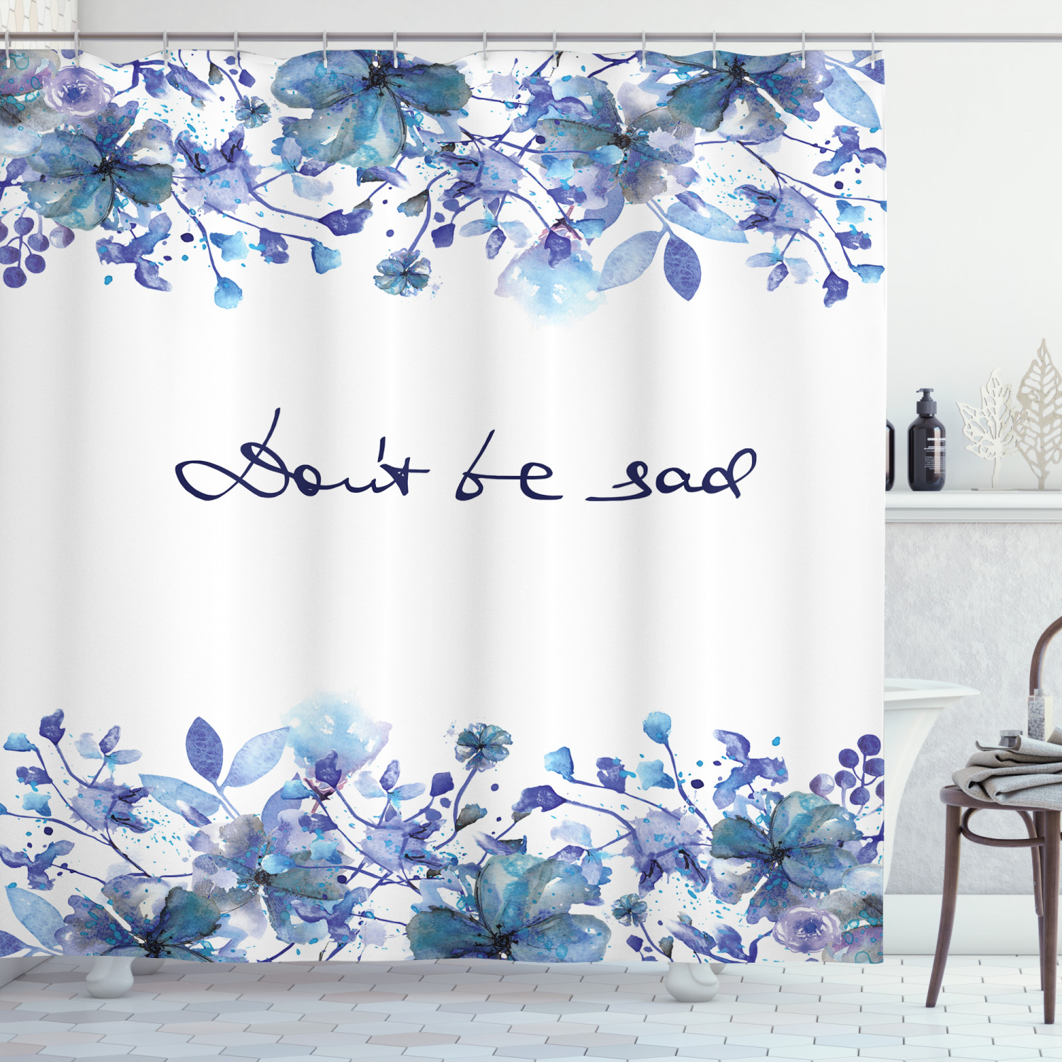Watercolor Shower Curtain, Blue Flowers and Branches with Leaves