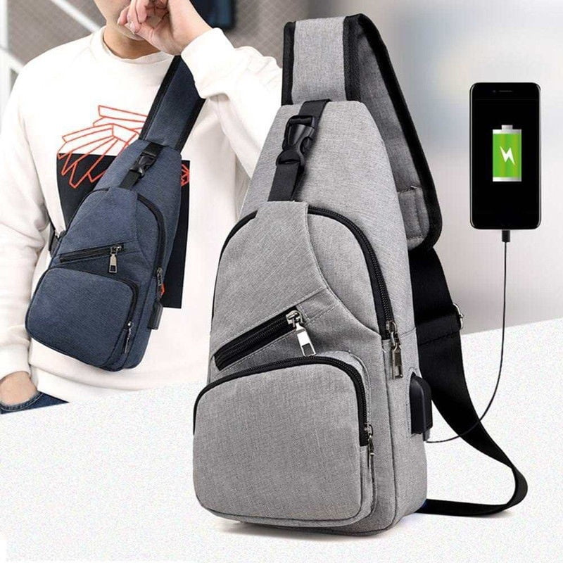 Men's Leather Chest Pack Shoulder Bag Sports Crossbody Handbag USB Charging Port 
