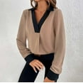 thumbnail image 7 of Ltctricy Blouses for Women Business Casual Long Sleeve V Neck Collared Color Block Pleated Tunic Tops Loose Work Shirts(Coffee,Large), 7 of 7