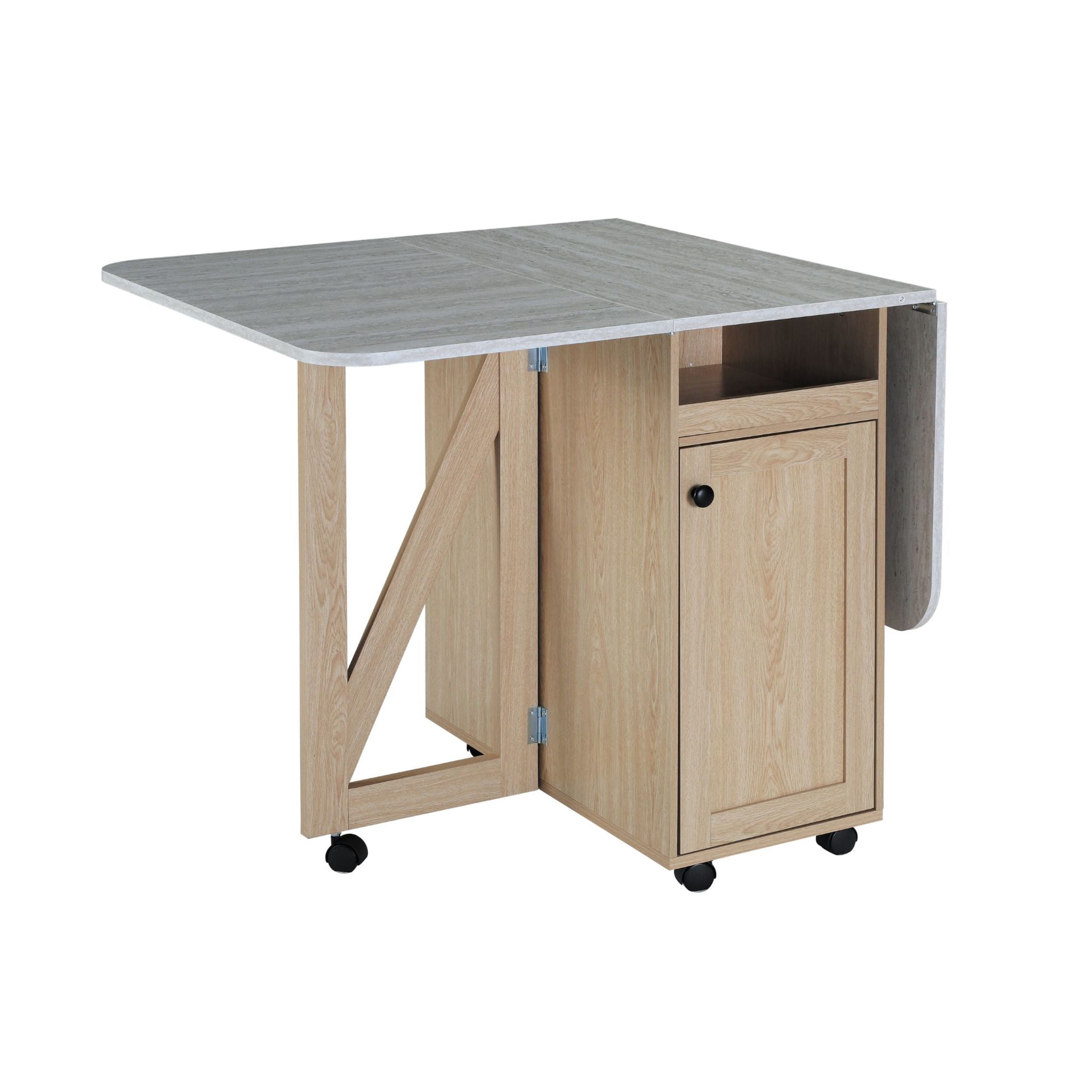 GDF Studio 50.8" Foldable Drop Leaf Dining Table with Rolling Storage Cabinet, Light Oak+Slate