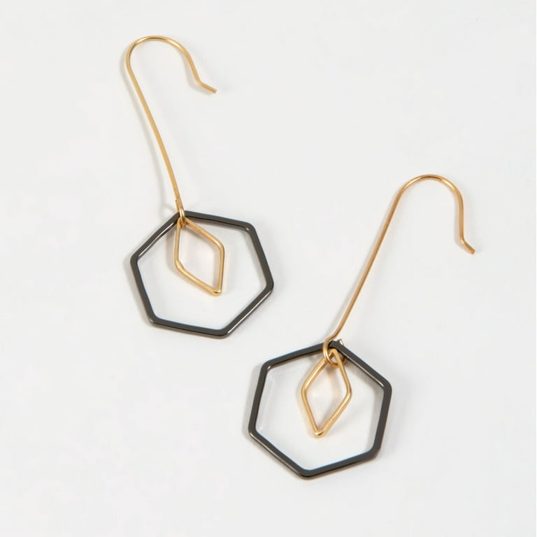 Howard's Gold Two Tone Geometric Hexagon Drop Dangle Earrings for