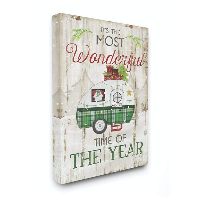 Stupell Industries Most Wonderful Time Green Plaid Camper Wood Texture Holiday Word Design Canvas, 16 x 20, Multi-Color