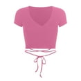 thumbnail image 4 of Mittory Women Sexy Deep V Neck Crop Top Slim Fitted Bandage Wrap Tie Side Short Sleeve Cropped Shirts Clubwear, 4 of 5