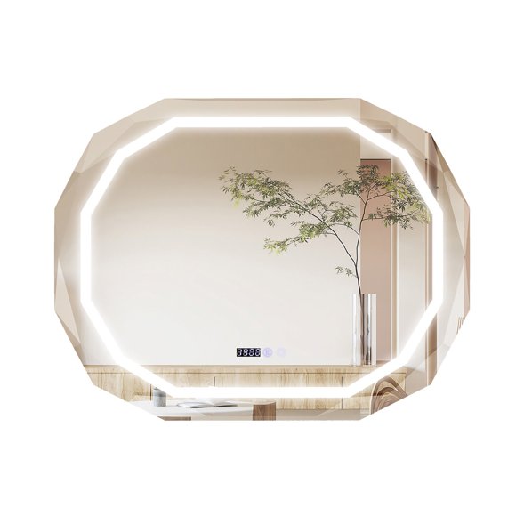 Gymax LED Bathroom Mirror w/ 3 Color LED Light Memory Function Time for Bathroom