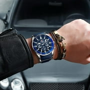 Men's VIP Luxury Chronograph Watch, blue dial, stainless steel case, silicone strap, water-resistant sports watch with date display, chronograph, luminous hands, stainless steel and silicone strap.