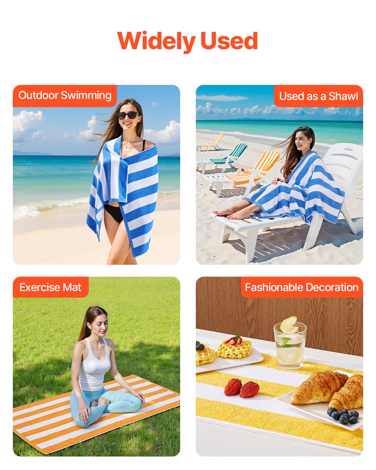 VEVOR Beach Towel, 4 Pack Oversized Beach Towels, 30 x 60 in Cabana Striped Large Pool Towel, 100% Cotton Soft and Quickly Dry Thick Swimming Towels, for Vacation, Swimming, Beaches, and Bathroom