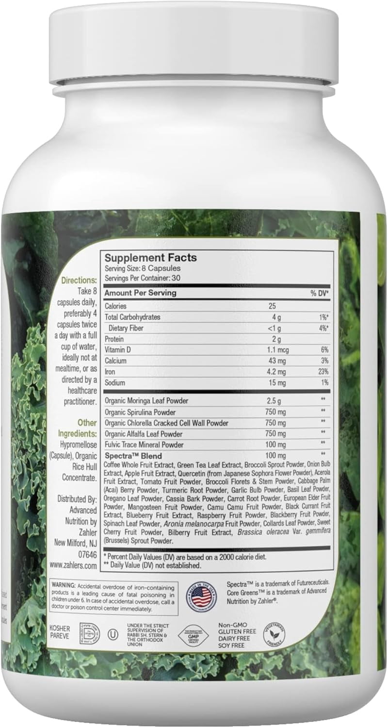 Zahler Core Greens Superfood Capsules - Superfoods Nutrition Supplement - Super Green Whole Food Vegetable, Fruits & VItamins - Kosher Antioxidant Rich Super Greens with Spirulina, Chlorophyll (240)