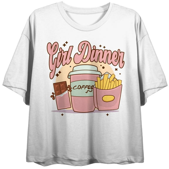Girl Dinner Chocolate Coffee & French Fries Crew Neck Short Sleeve Women's White Crop Top-Medium