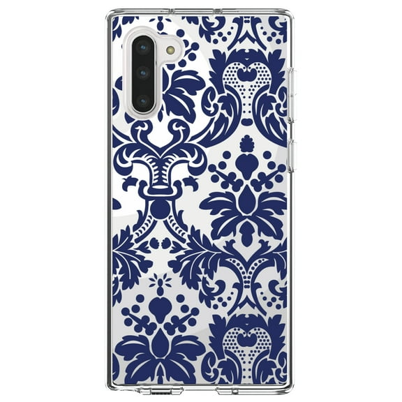 DistinctInk Clear Shockproof Hybrid Case for Samsung Galaxy Note 10 (6.3" Screen) - TPU Bumper, Acrylic Back, Tempered Glass Screen Protector - Blue Grey Damask