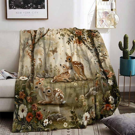 Cozy Forest Deer Print Blanket Warm Skin-Friendly Flannel Throw for All Seasons Ideal for Home Travel and Camping Perfect Gift for Family and Friends on Birthdays and Holidays Fleece Blanket