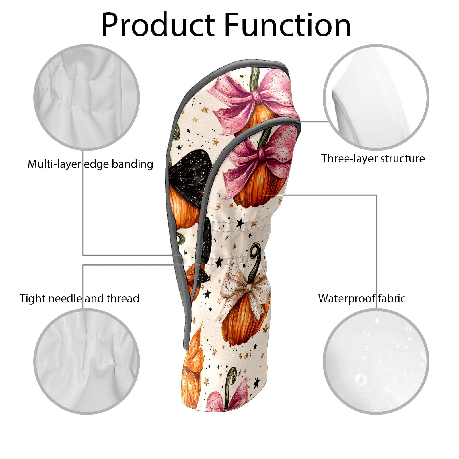 Golf Club Covers, Orange PumpkinBow Premium PU Leather Driver Hybrid Putter Head Covers with Velvet Lining, Waterproof Golf Gifts for Men Women