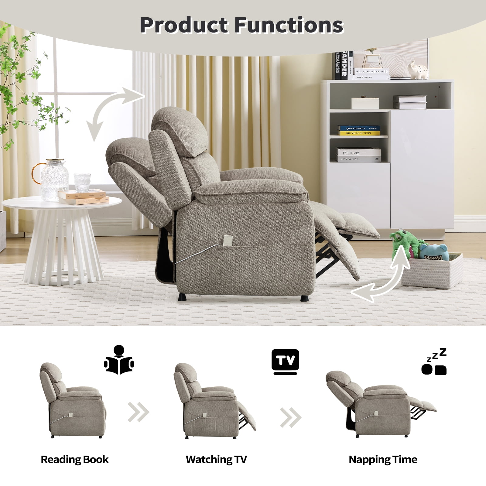 Bonzy Home Power Recliner Chair — Electric Recliner with Remote Control & Side Pockets, Compact Home Theater Seating for Small Spaces