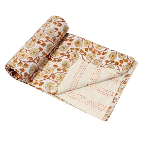 Indian Kantha Quilt Block Printed Kantha Blanket Cotton Kantha Bedspread Kantha Coverlet Throw king Size Kantha Bedcover 90x108